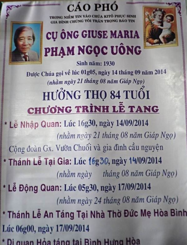 Cáo phó: Cụ Giuse-Maria Phạm Văn Uông